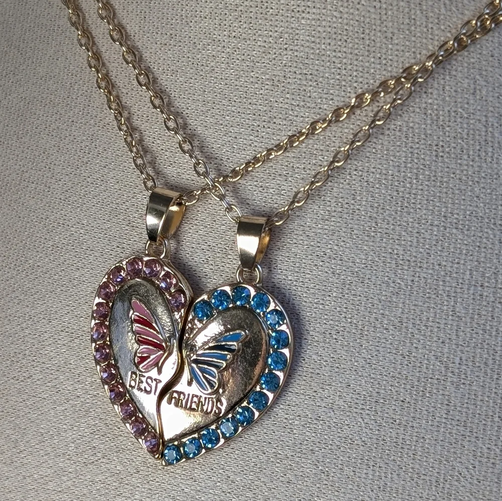 BEST FRIENDS necklace set pink blue gold butterfly rhinestones BFF gift